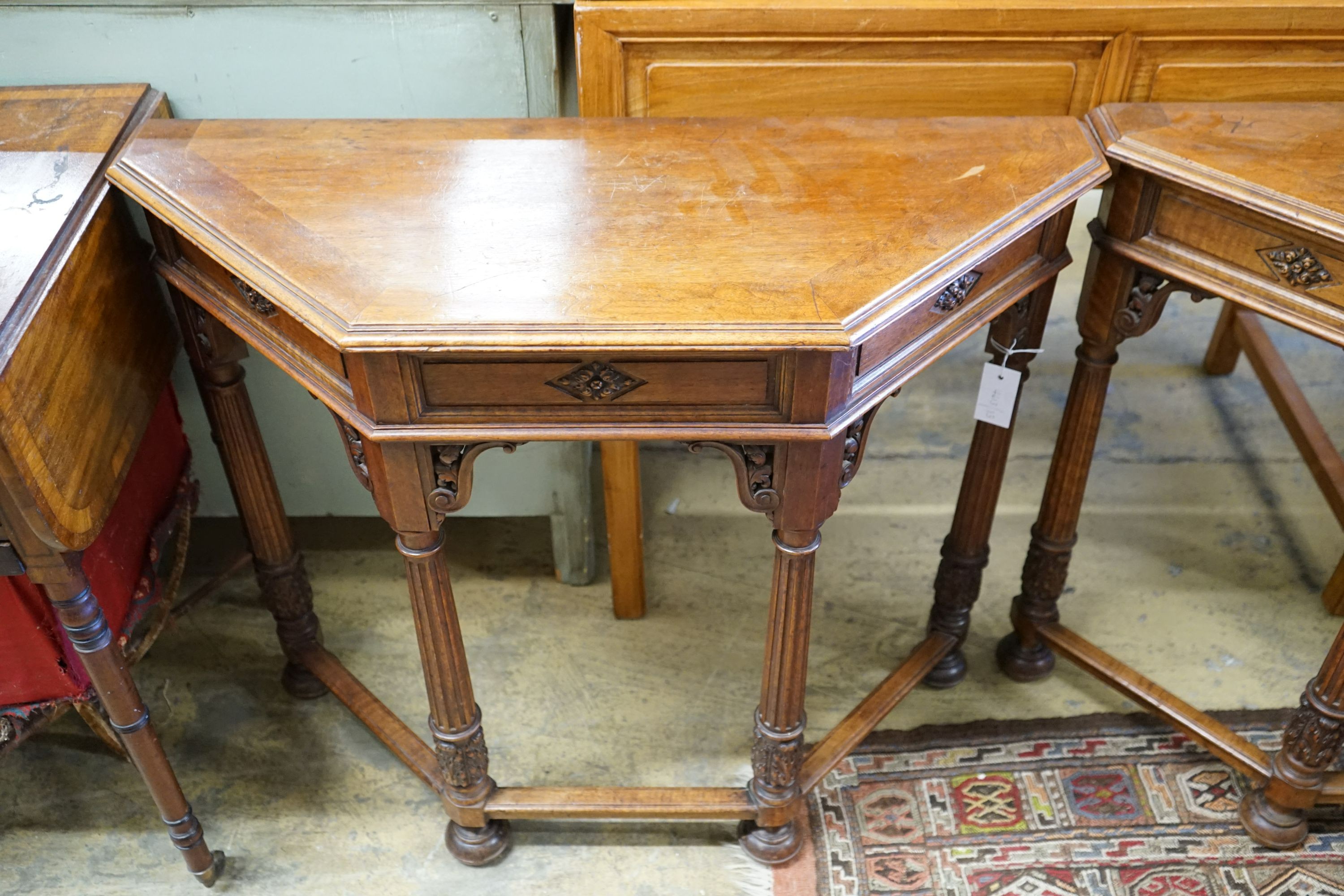 A pair of early 20th century carved mahogany console tables, width 89cm, depth 34cm, height 75cm